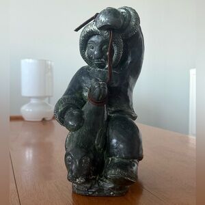 Large Vintage Indigenous Inuit ‘Seal Hunter’ Soapstone Carving by Wolf Sculpture